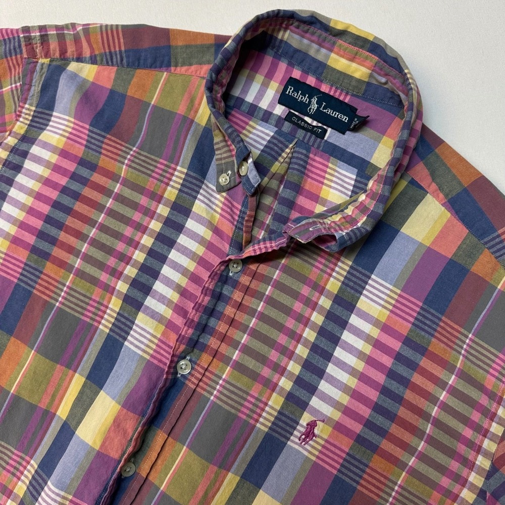 Ralph Lauren Button Down Shirt Mens L Multi-Color Plaid Short Sleeve Classic Fit
